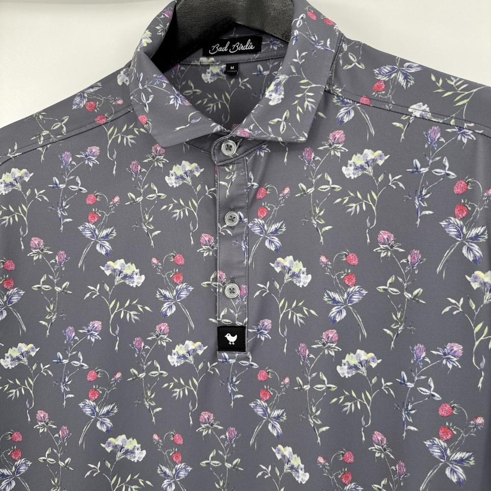Bad Birdie Polo Shirt Mens Medium Gray Floral Short Sleeve Golf Performance Top